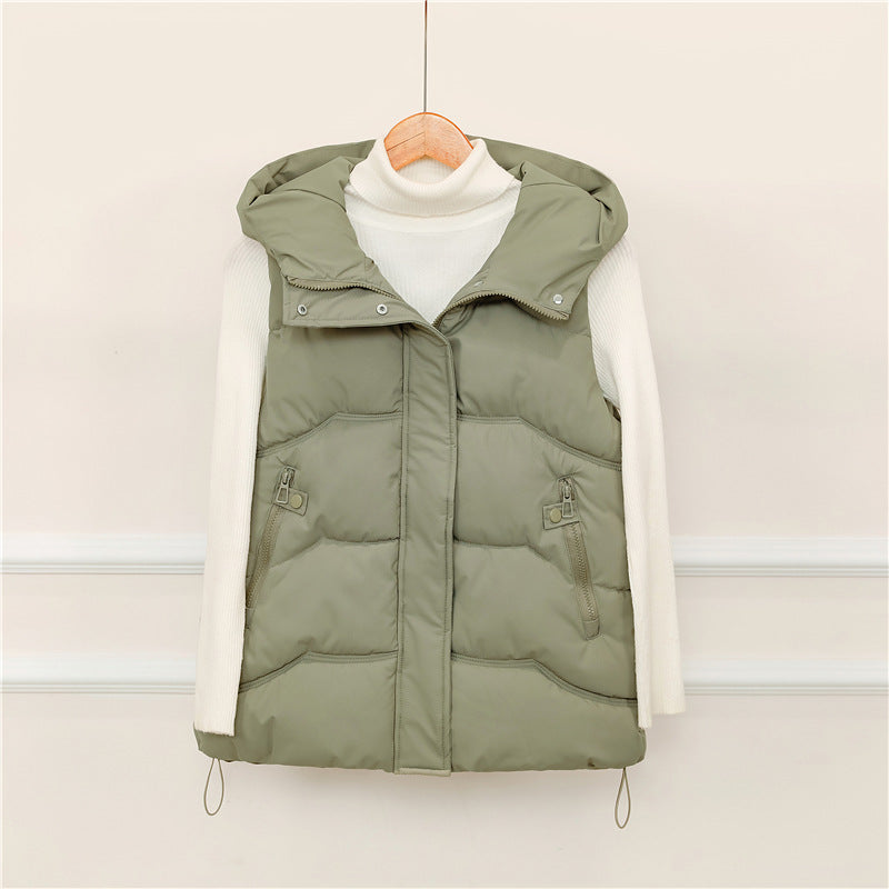 Women's Hooded Padded Vest with Drawstring and Zipper Pockets