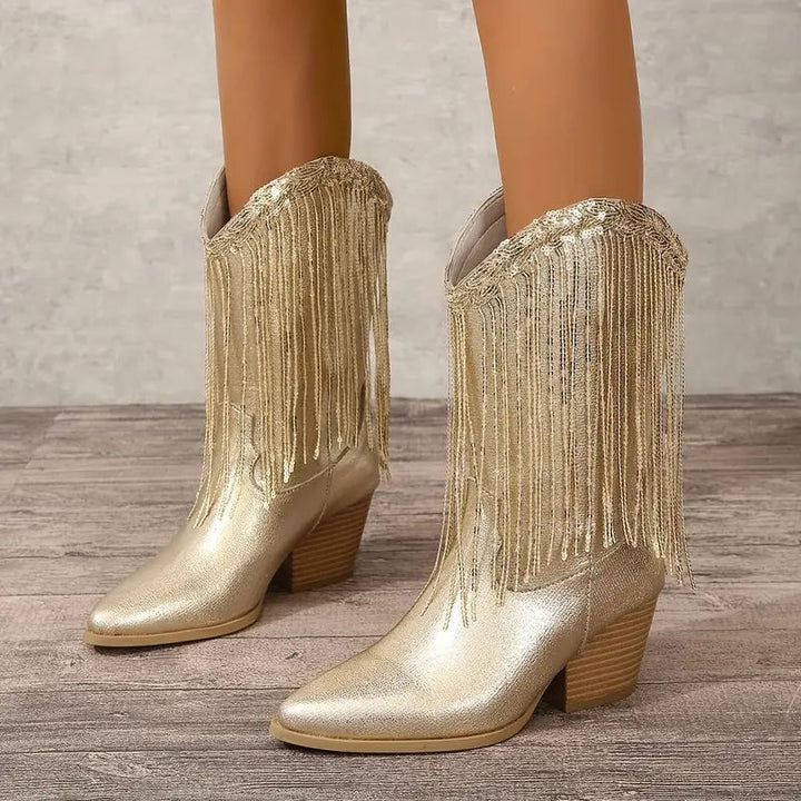 Women's Mid-Calf Western Style Boots with Decorative Fringe