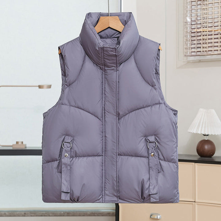 Women's Quilted Padded Vest with Stand Collar and Decorative Details
