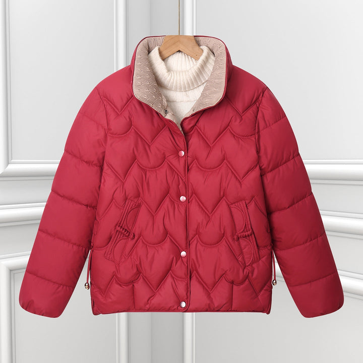 Women's Short Quilted Jacket with Arc Design and Snap Closure
