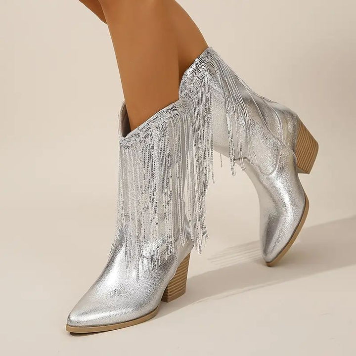 Women's Mid-Calf Western Style Boots with Decorative Fringe