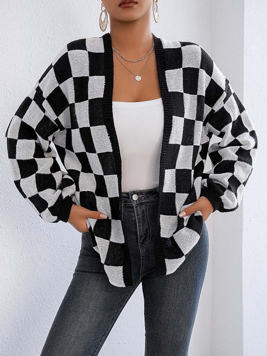 Women's Deer Plush Checkerboard Cardigan with Open Front