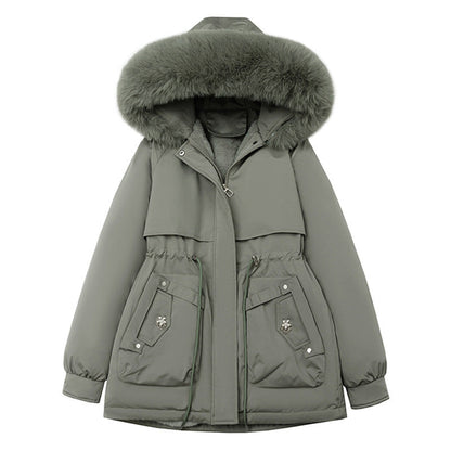 Abrigo de invierno con aislamiento y capucha de piel sintética para mujer, ideal para uso diario