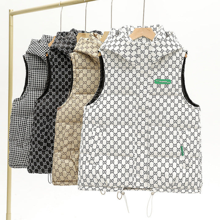Women's Quilted Hooded Vest with Logo Print and Adjustable Hem