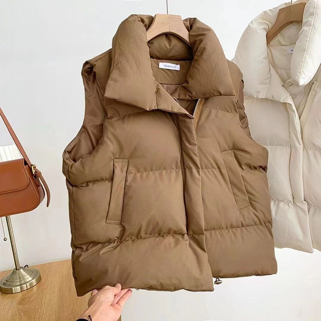 Women's Padded Quilted Vest with Shawl Collar and Drawstring Hem