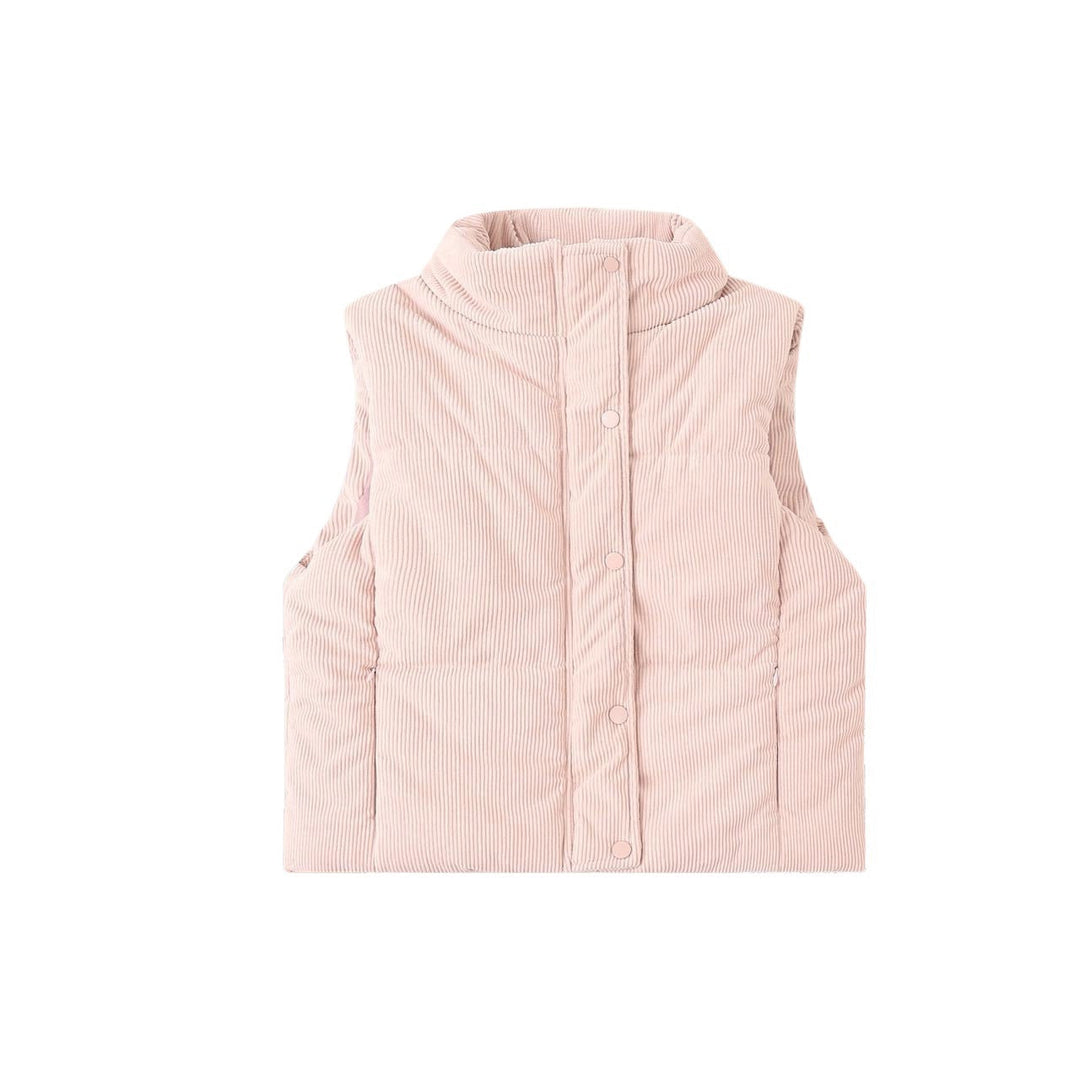 Women's Short Padded Quilted Vest with Stand-Up Collar and Snap Closure