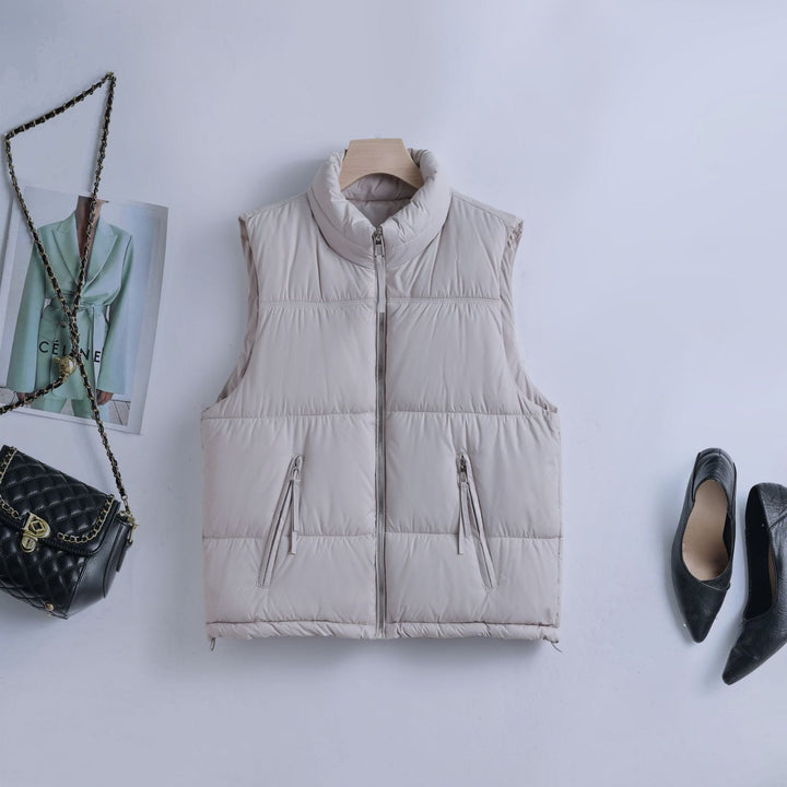 Women's Padded Quilted Vest with Stand Collar and Two-Way Zipper