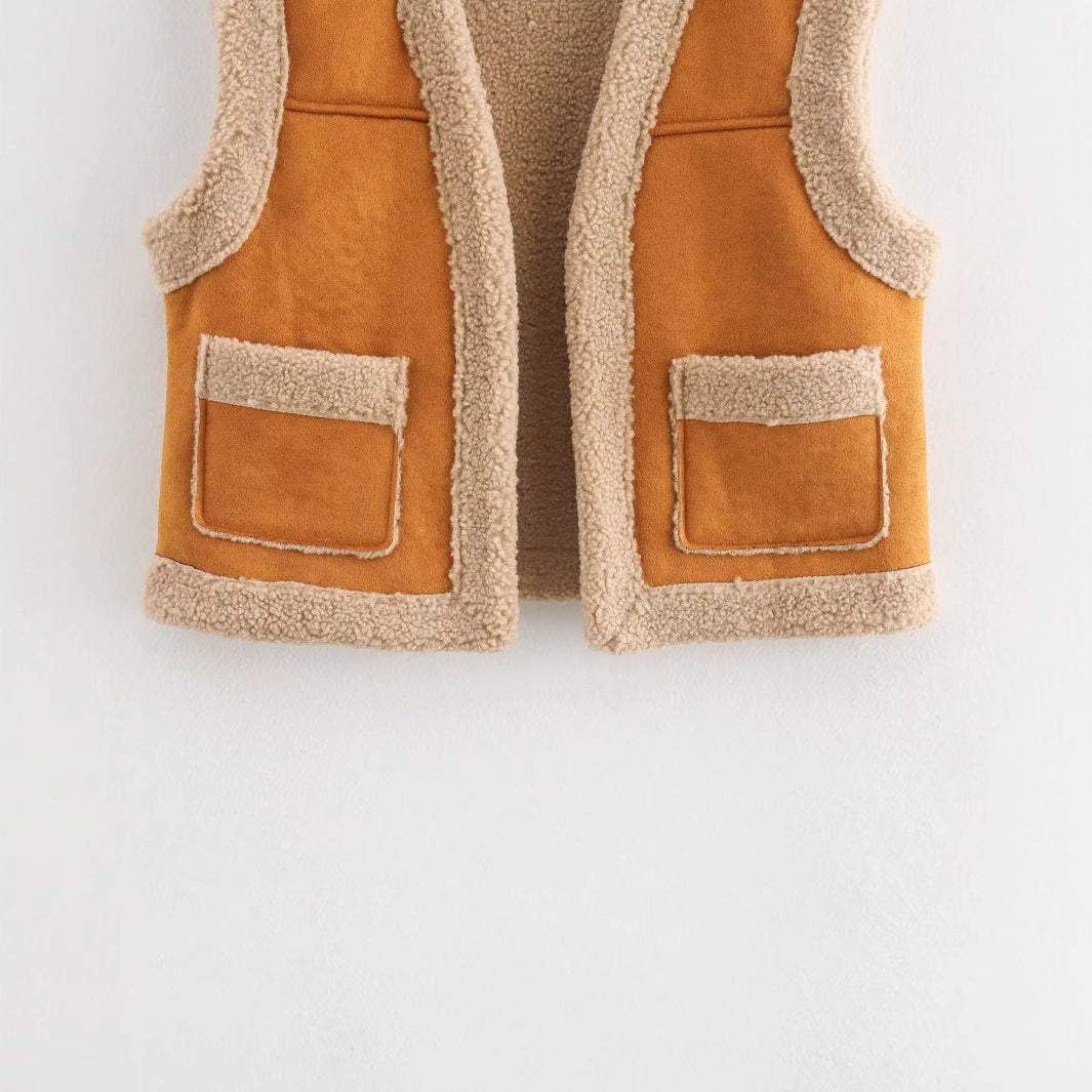 Women's Cozy Teddy Vest with Pockets and High Collar