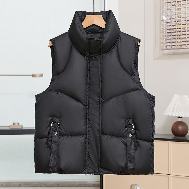 Women's Quilted Padded Vest with Stand Collar and Decorative Details