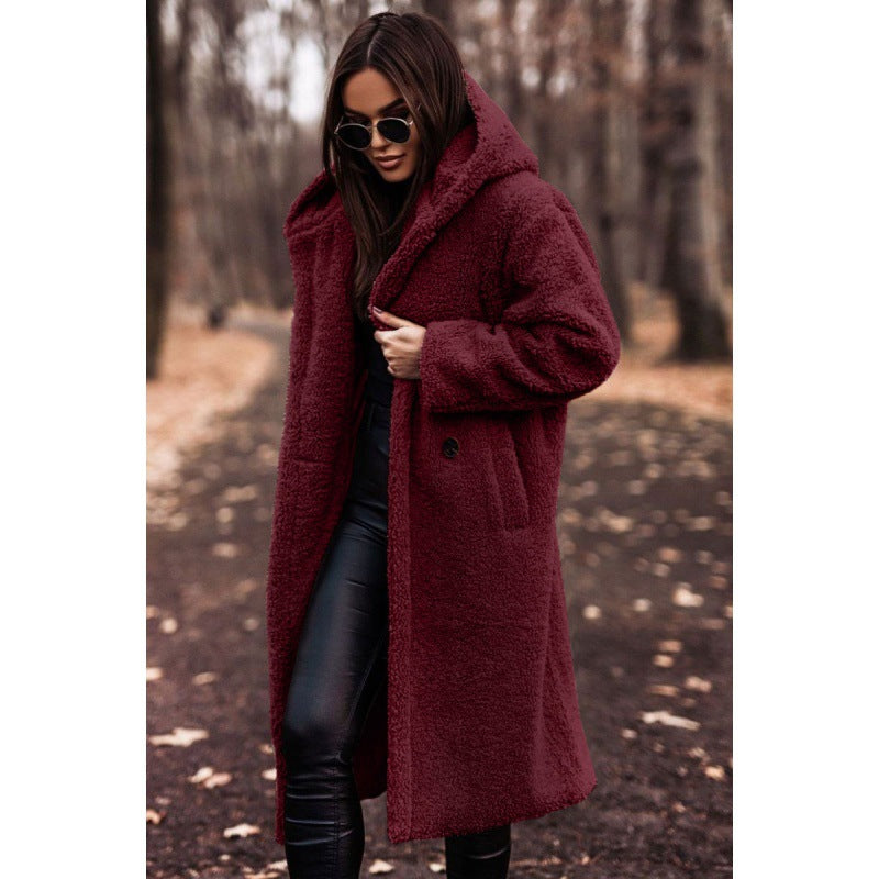 Women's Hooded Teddy Coat with Oversized Buttons