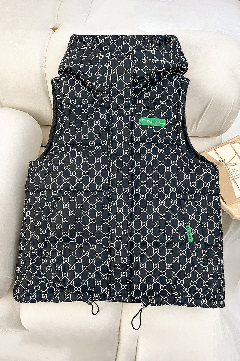 Women's Quilted Hooded Vest with Logo Print and Adjustable Hem