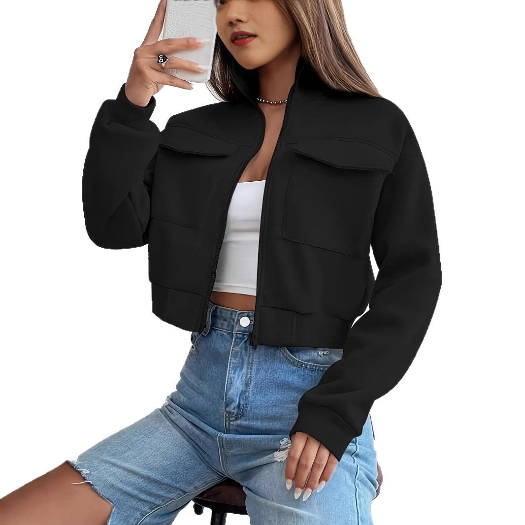 Women's Cropped Leisure Jacket with Pockets and Zipper Closure