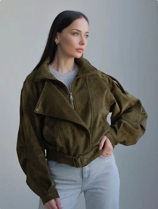 Women's Short Jacket with Asymmetrical Zipper and Tailored Fit