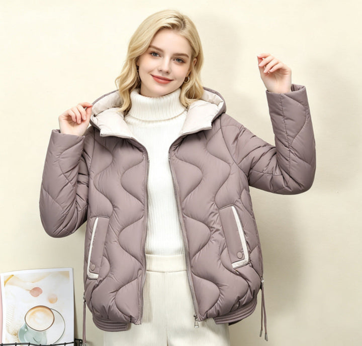 Women's Padded Short Jacket with Heart Quilting and Hood