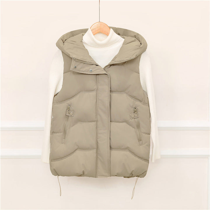 Women's Hooded Padded Vest with Drawstring and Zipper Pockets