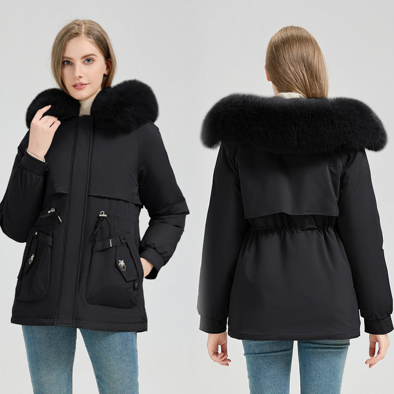 Women's Short Coat with Faux Fur Hood and Adjustable Drawstring