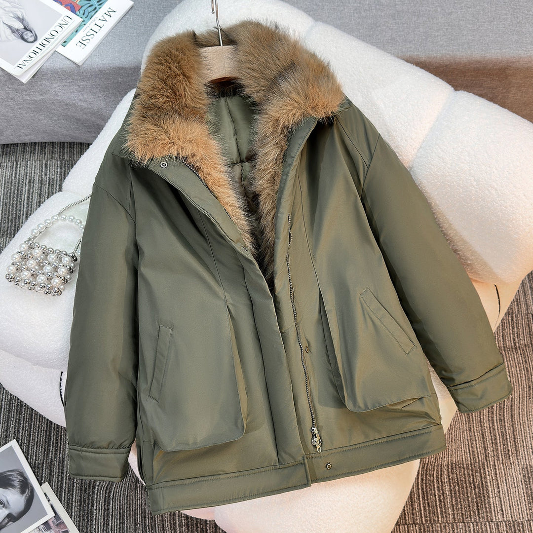 Women's Mid-Length Winter Parka with Detachable Faux Fur Collar