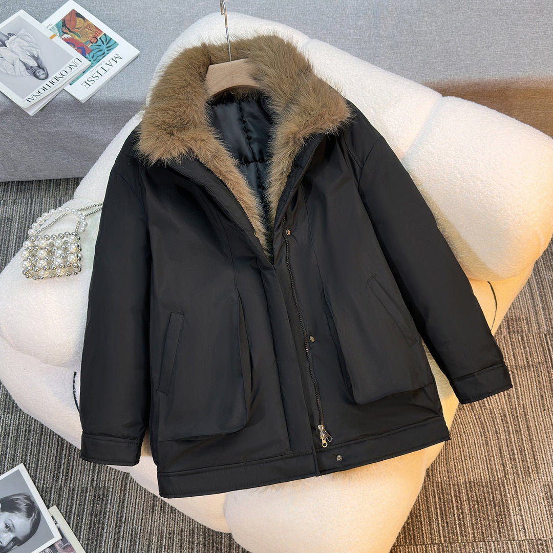 Women's Mid-Length Winter Parka with Detachable Faux Fur Collar