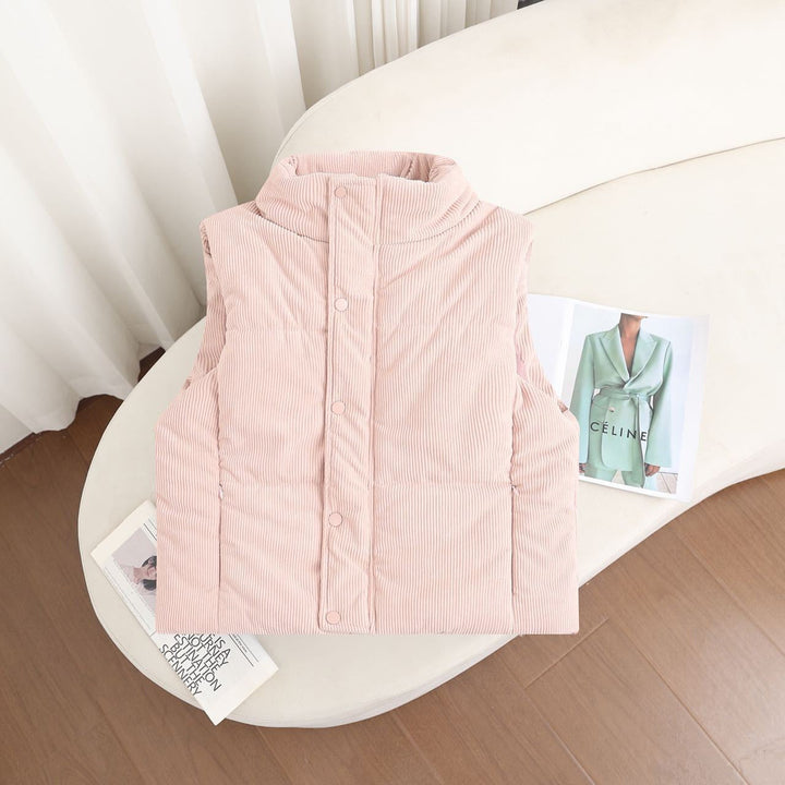 Women's Short Padded Quilted Vest with Stand-Up Collar and Snap Closure