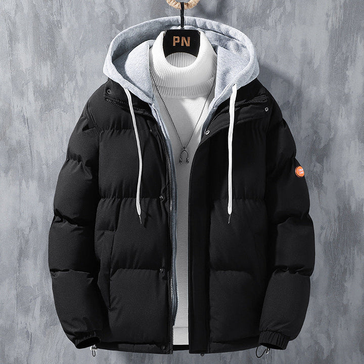 Men's Hooded Padded Quilted Jacket with Two-Way Zipper