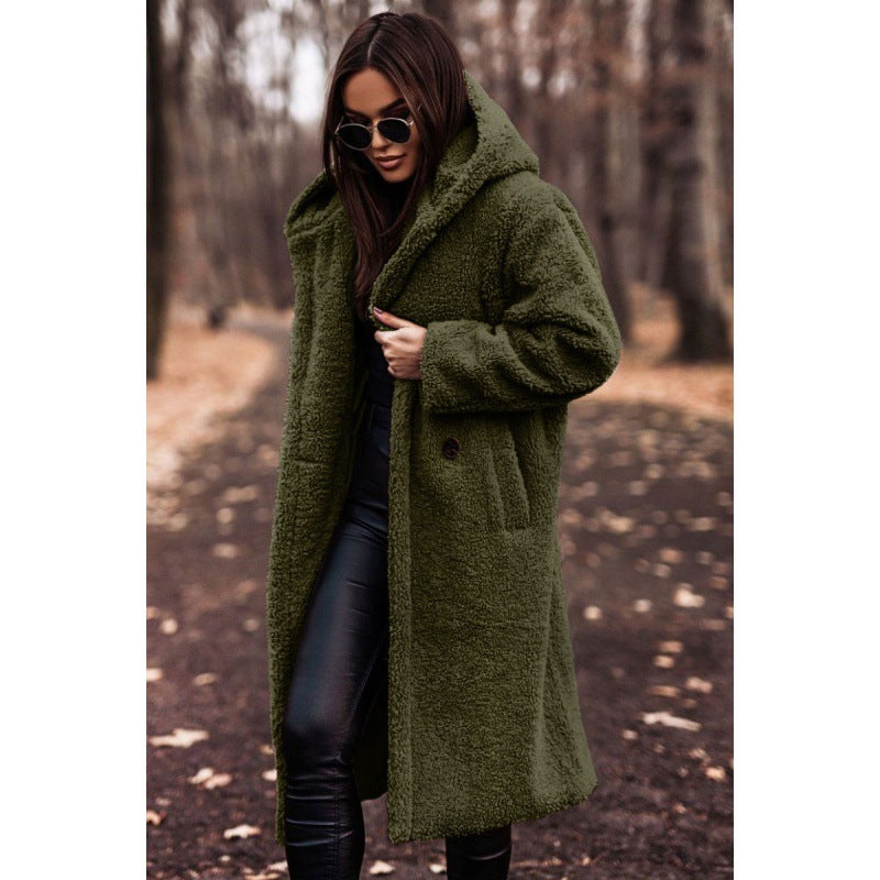 Women's Hooded Teddy Coat with Oversized Buttons