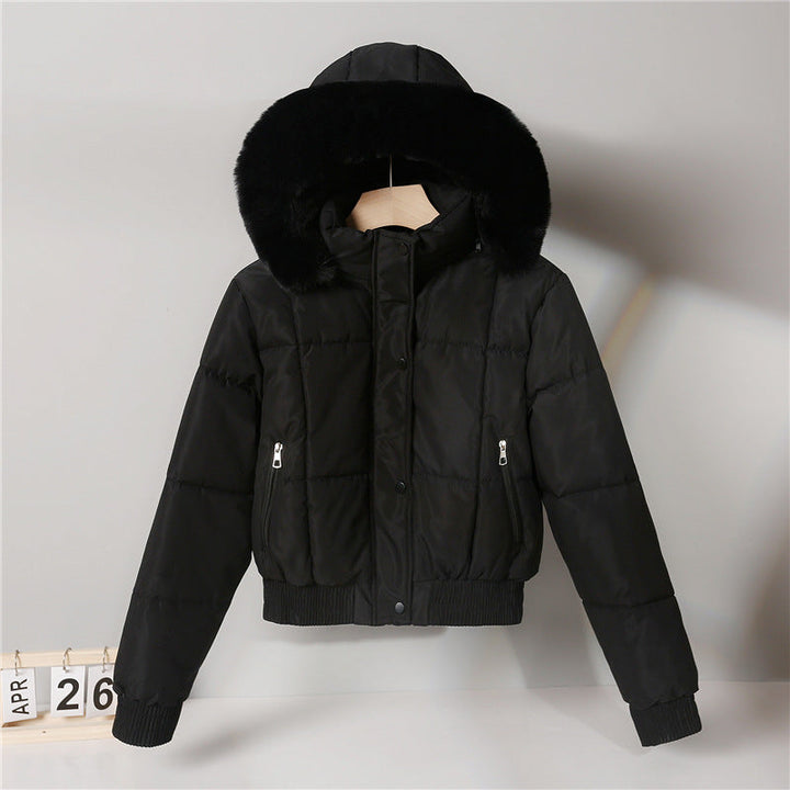 Women's Short Padded Hooded Jacket with Faux Fur Trim