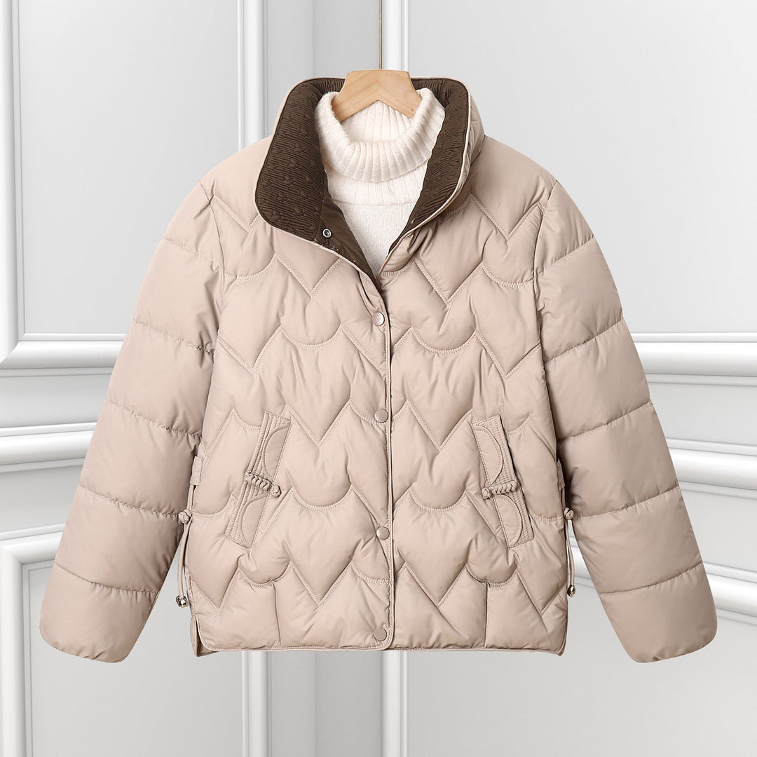 Women's Short Quilted Jacket with Arc Design and Snap Closure