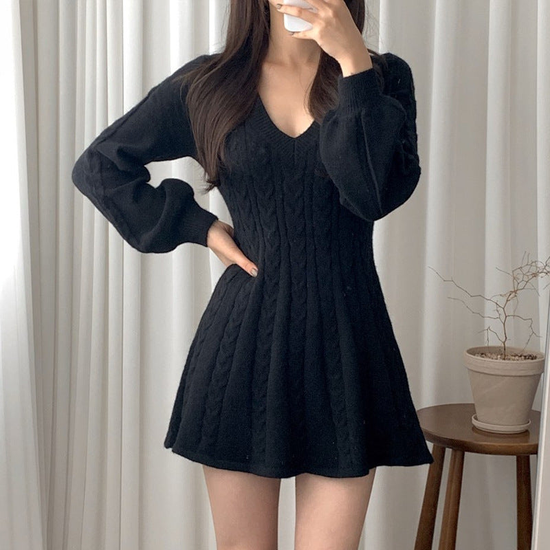 Robe-pull à manches longues en maille torsadée et à col en V pour femme