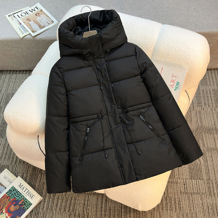 Women's Short Padded Hooded Jacket with Stand-Up Collar and Drawstring