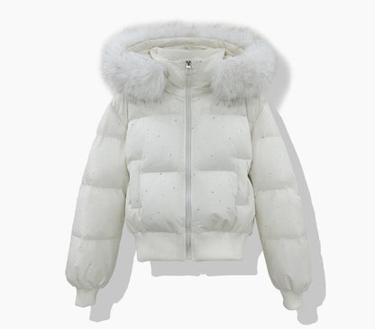 Kurze Damen-Steppjacke mit abnehmbarem Kunstfellbesatz an der Kapuze