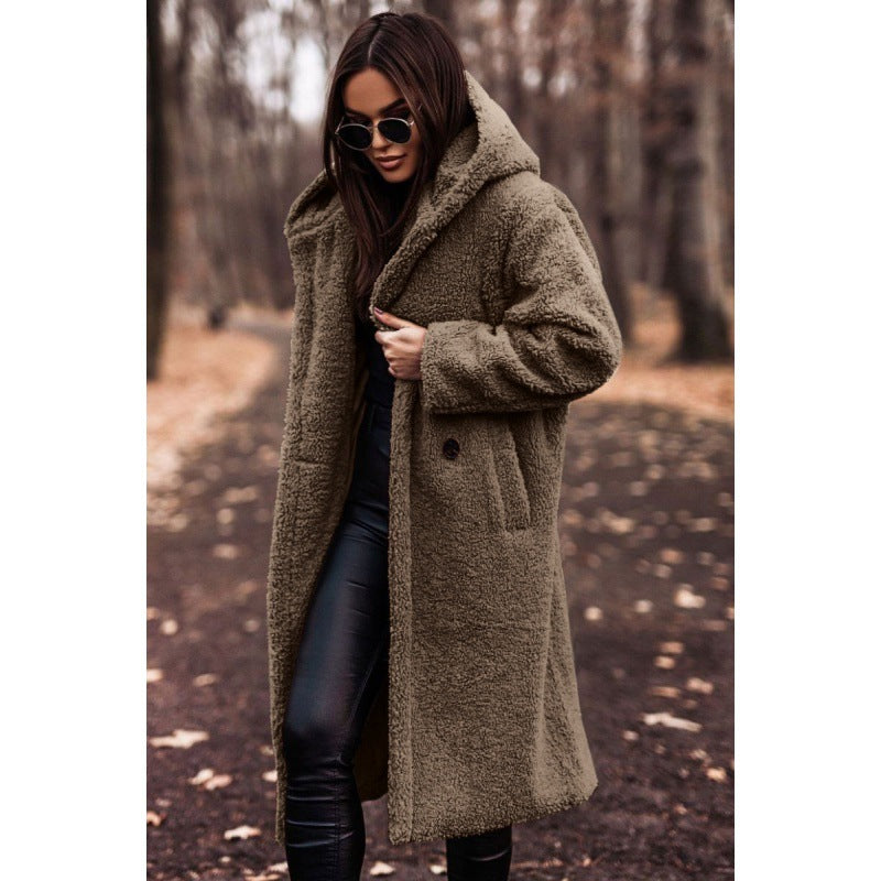 Women's Hooded Teddy Coat with Oversized Buttons
