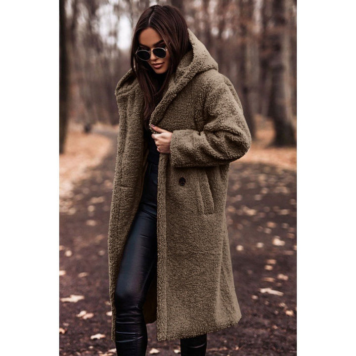 Women's Hooded Teddy Coat with Oversized Buttons