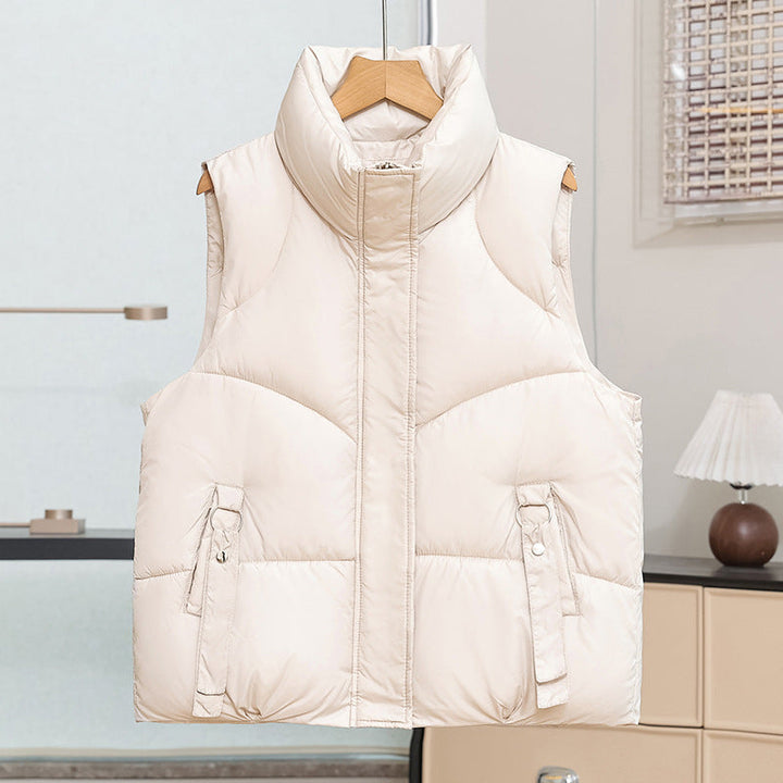 Women's Quilted Padded Vest with Stand Collar and Decorative Details