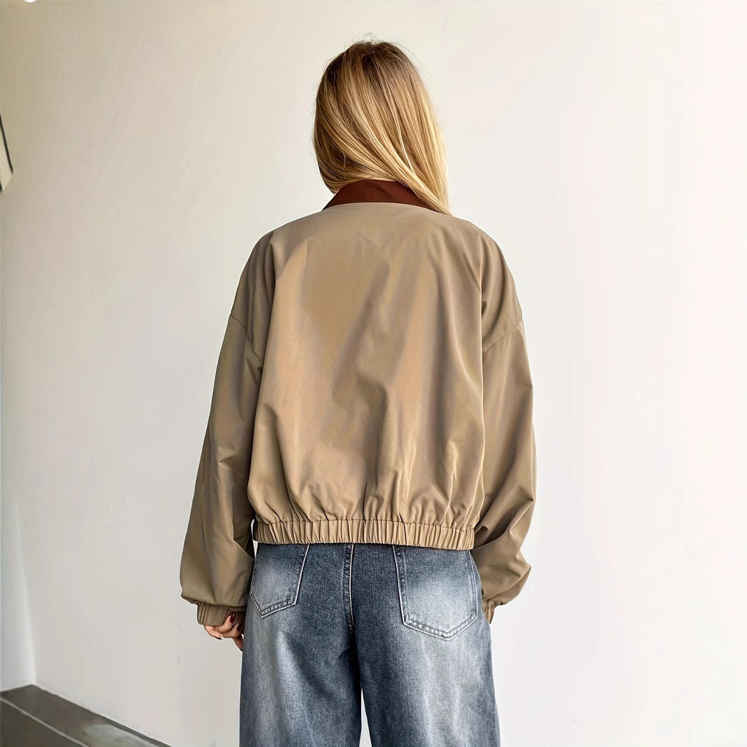 Women's Stylish Bomber Jacket with Collar and Ribbed Cuffs