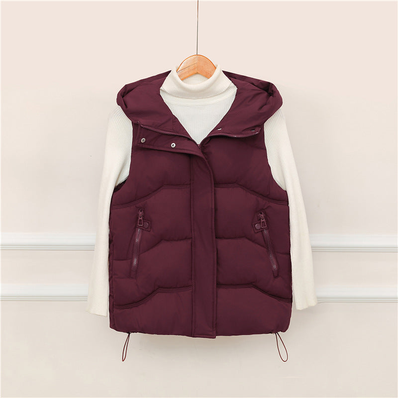 Women's Hooded Padded Vest with Drawstring and Zipper Pockets