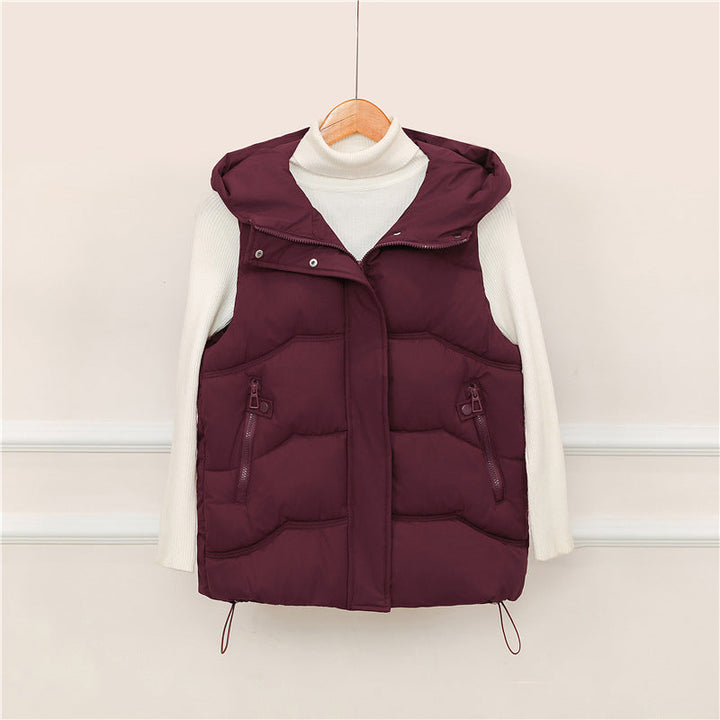 Women's Hooded Padded Vest with Drawstring and Zipper Pockets