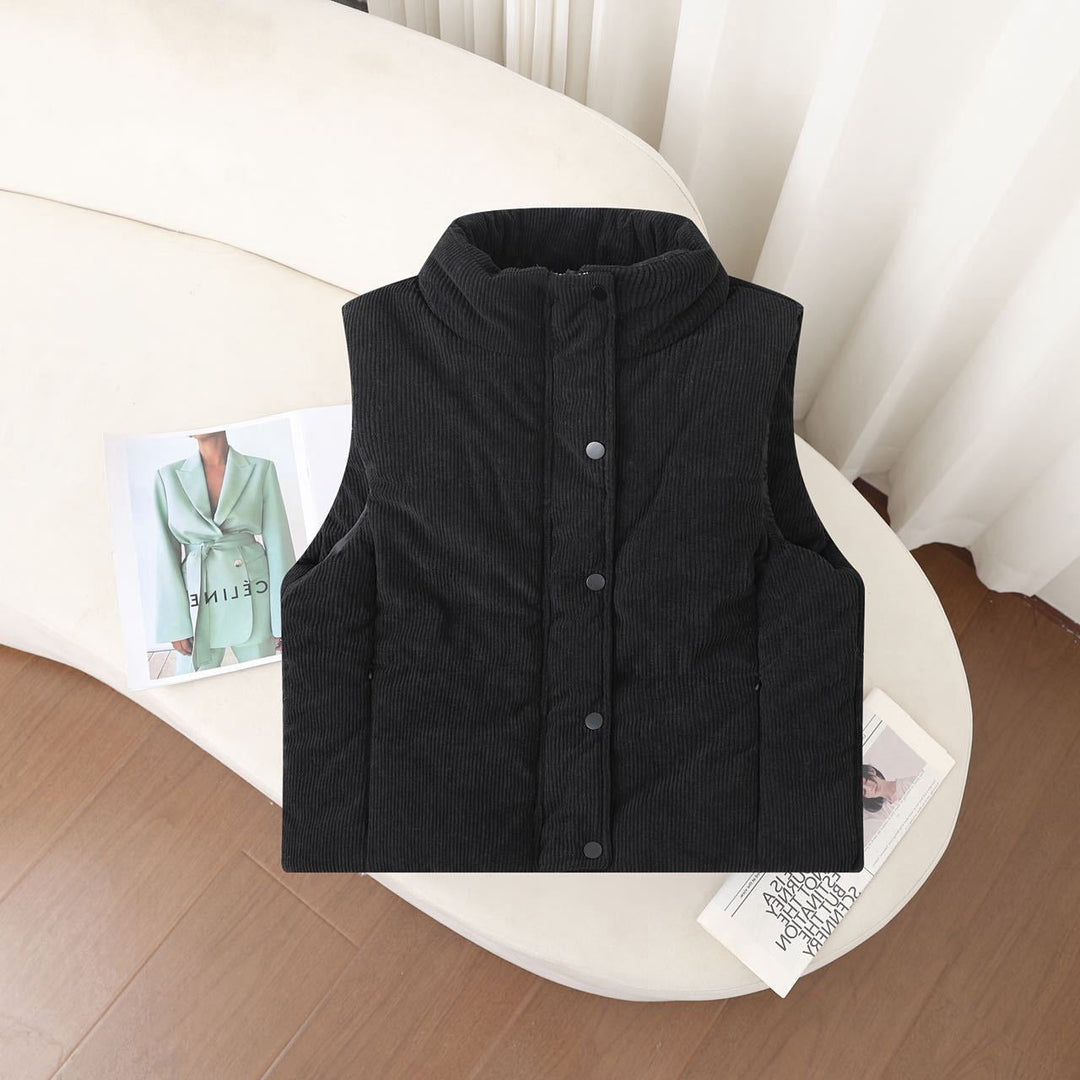 Women's Short Padded Quilted Vest with Stand-Up Collar and Snap Closure