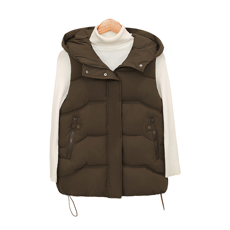 Women's Hooded Padded Vest with Drawstring and Zipper Pockets