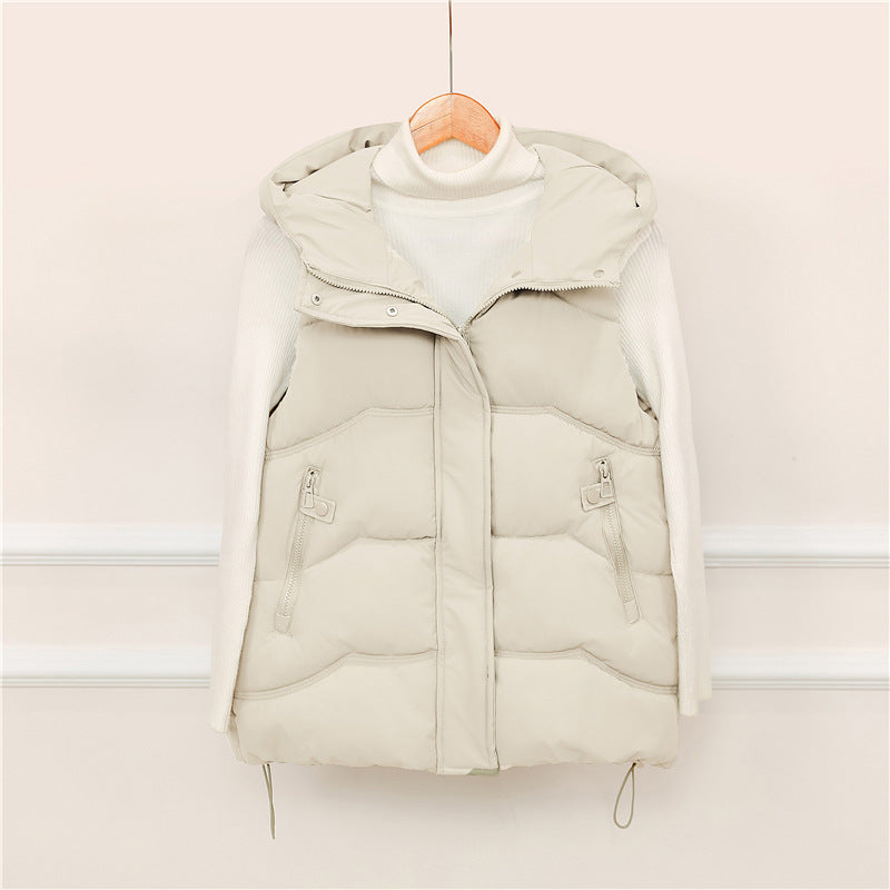 Women's Hooded Padded Vest with Drawstring and Zipper Pockets