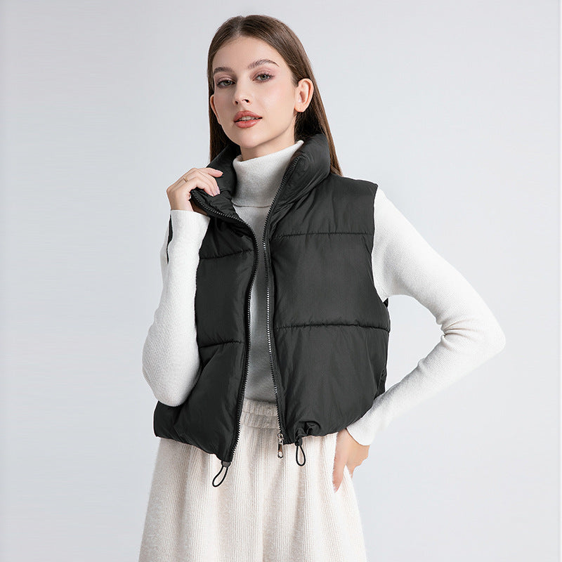 Women's Lightweight Short Padded Vest with High Collar and Drawstring
