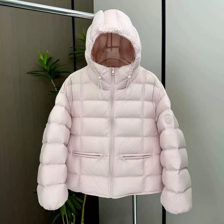 Women's Short Thermo Quilted Jacket with Hood and Zipper Pockets