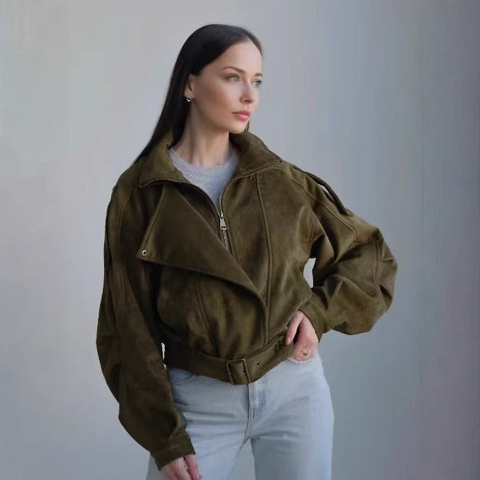Women's Short Jacket with Asymmetrical Zipper and Tailored Fit
