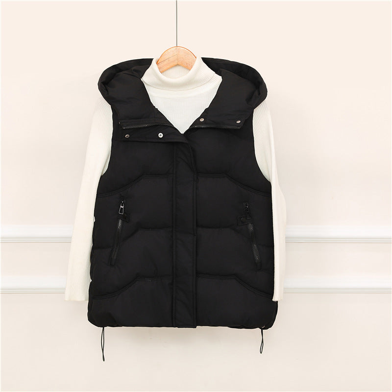 Women's Hooded Padded Vest with Drawstring and Zipper Pockets