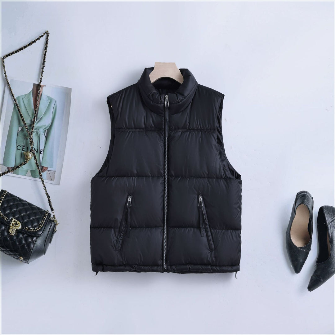 Women's Padded Quilted Vest with Stand Collar and Two-Way Zipper