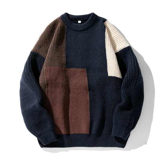 Men's Color Block Pullover Sweater with Round Neck and Thick Knit