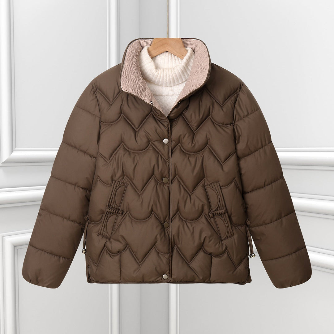 Women's Short Quilted Jacket with Arc Design and Snap Closure