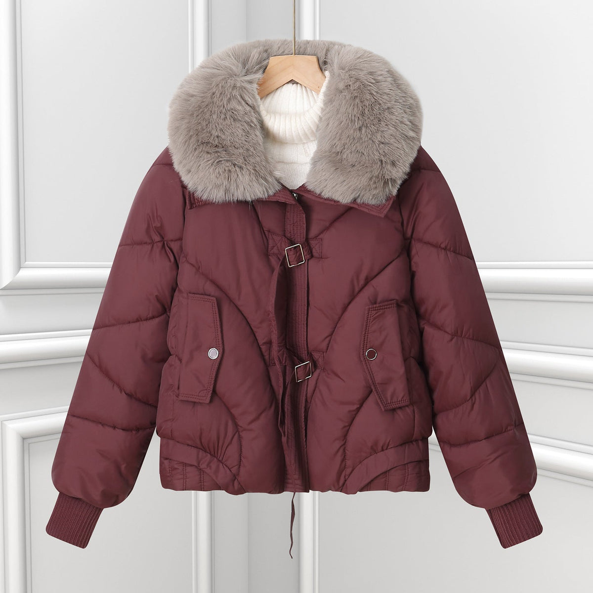 Chaqueta blusón para mujer, con cuello tipo chal de pelo sintético y cordón ajustable