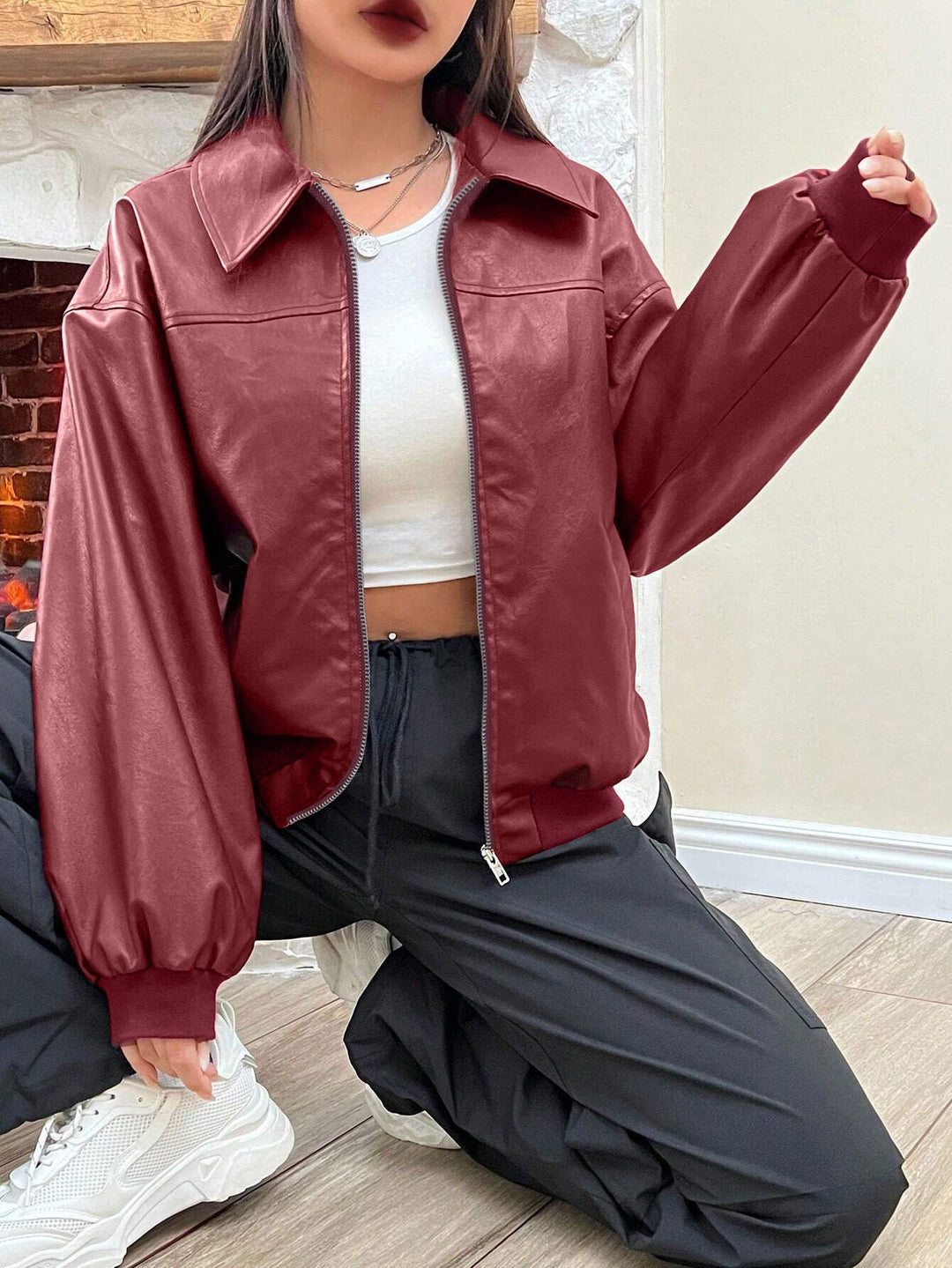 Women's Classic Collar Full Zip Bomber Jacket