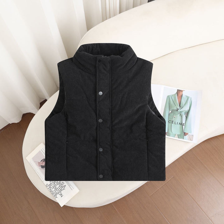 Women's Short Padded Quilted Vest with Stand-Up Collar and Snap Closure