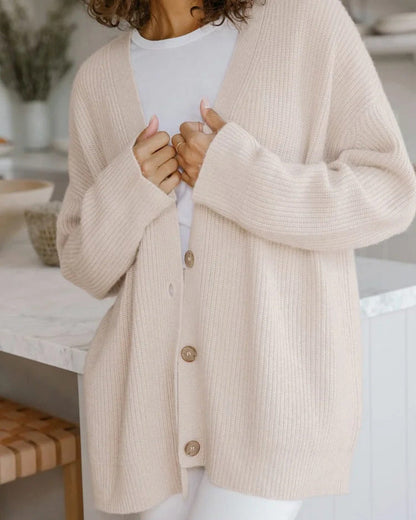 Women's Oversized Ribbed Knit Cardigan with V-Neck Button Front